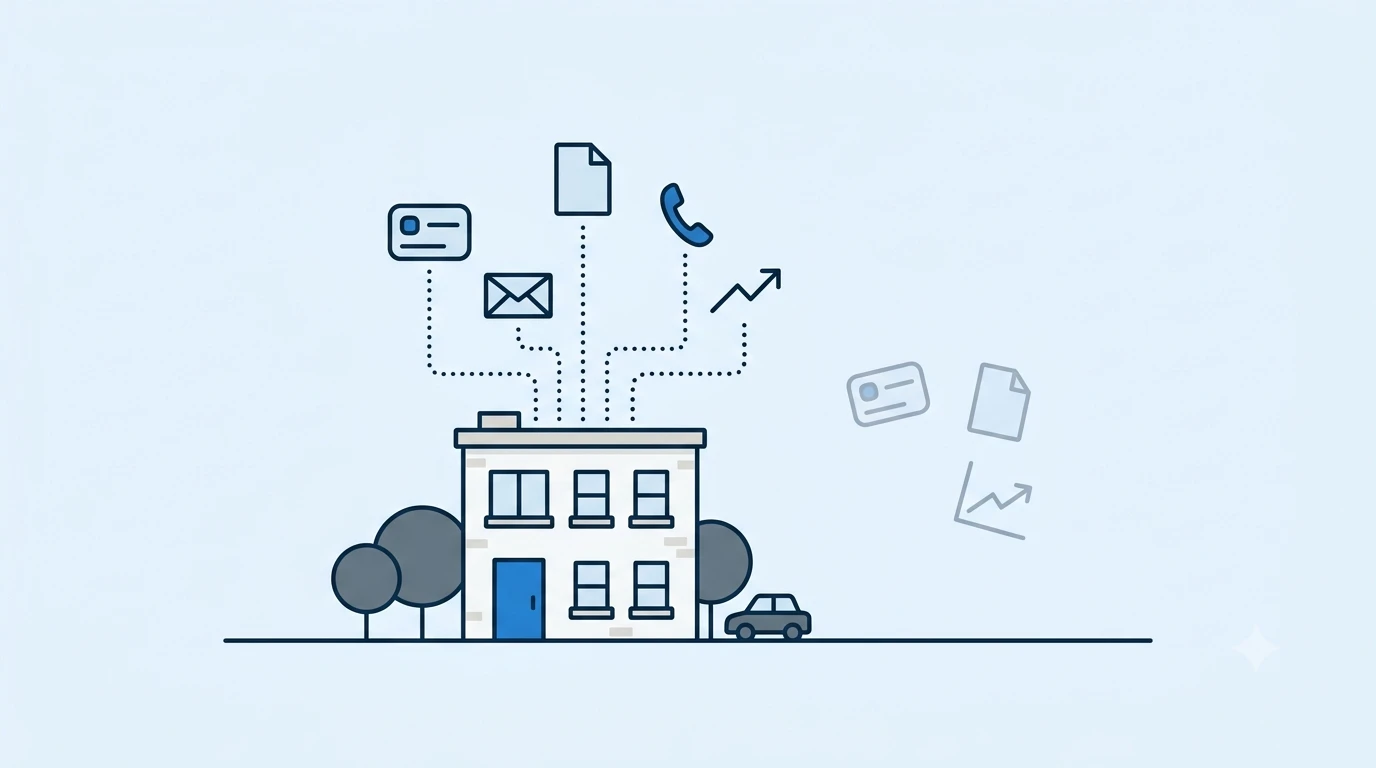 A modest two-storey office with icons for cards, envelopes, documents, calls and a trend line floating out of it — and three of those icons drifted away, faded and disconnected