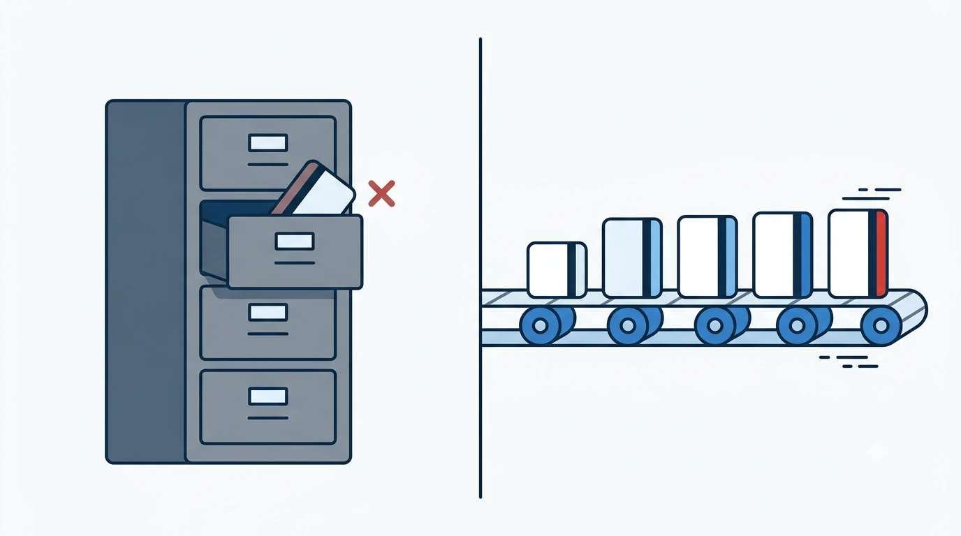 Left: a grey filing cabinet with a card jammed in a half-open drawer and a red cross beside it. Right: a conveyor belt on rollers carrying five upright cards, each with a longer coloured edge stripe than the last