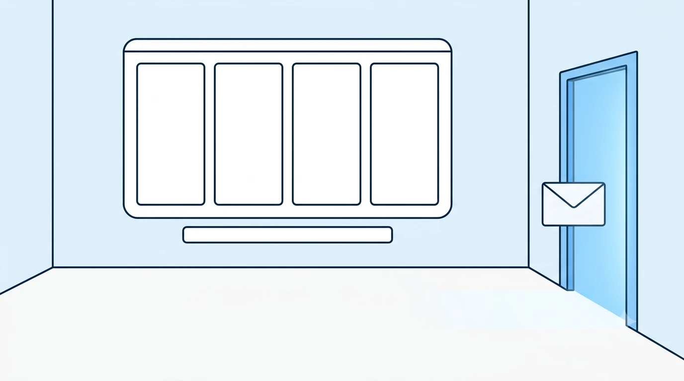 A bright empty room with a four-column board on the wall, every column completely empty, and an open doorway glowing blue with a single envelope about to come through it
