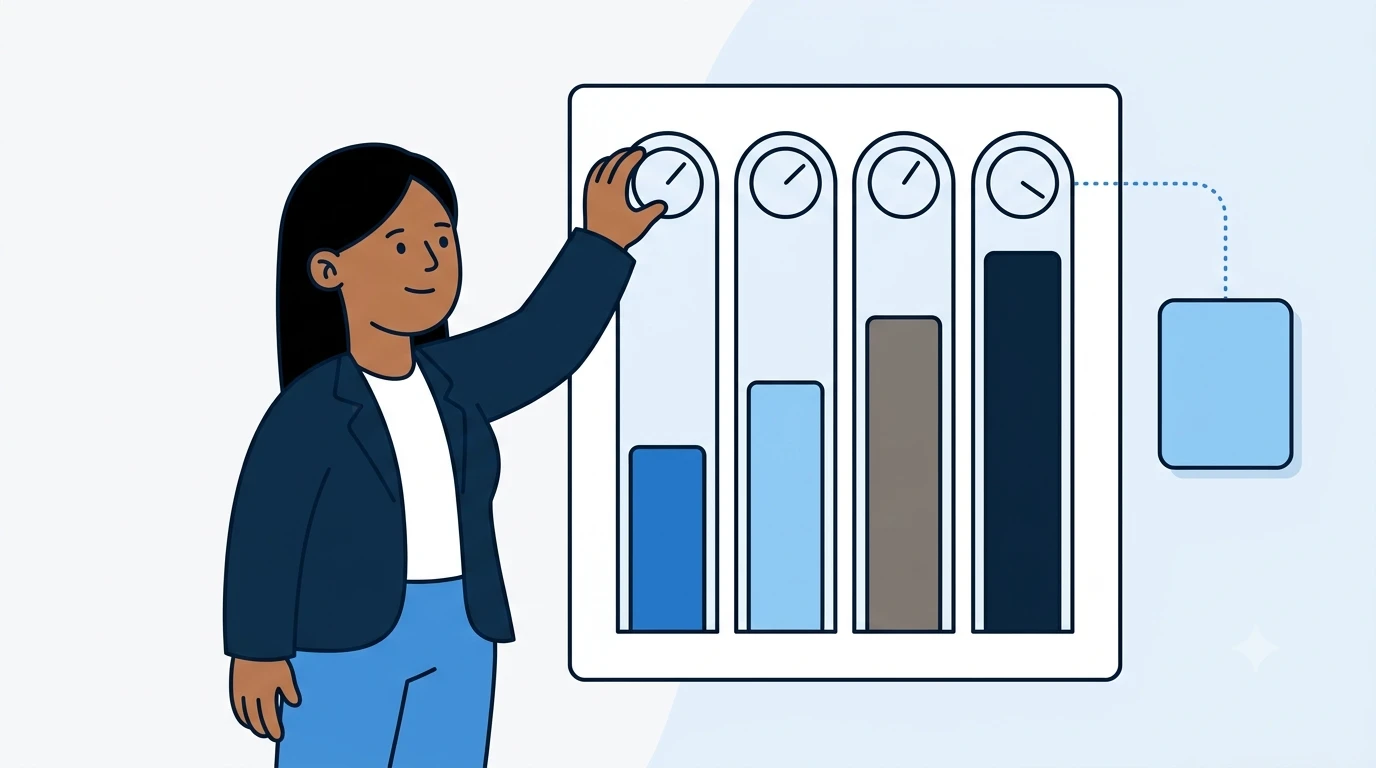 Priya reaching up to turn the first of four dials on a panel, each dial above a bar, the four bars rising in an ascending staircase from left to right