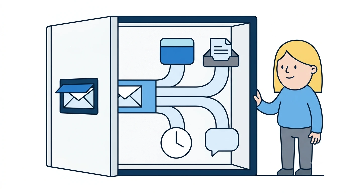 A cutaway of a wall: an envelope enters a letterbox slot on the outside, and inside it fans out along four tracks to a card, a tray, a clock and a speech bubble, with Sofia watching