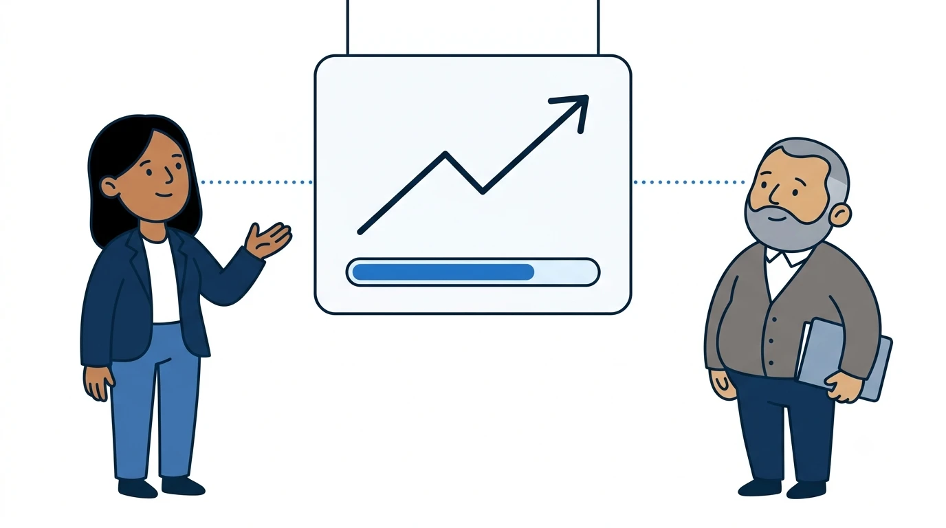 Priya and Marcus standing apart, both looking at the same central panel showing an upward-trending line and a progress bar filled about three quarters, a dotted line running from each of them to that one panel